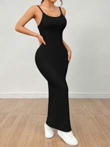 SHEIN PETITE Women's Basic  Spaghetti Strap Dress,Summer Dresses For Women - Black - View 3