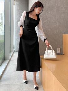 DAZY Đầm lưới mỏng tay dài cổ vuông phối màu cho nữ, xuân thu, bèo nhún - Đen và trắng - Xem 6