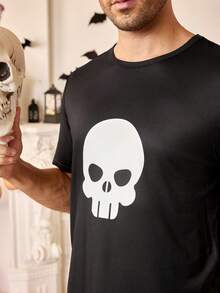 Juego de pijama cómodo con patrón de calavera para hombres, que combina con la familia para Halloween - Negro - Ver 6