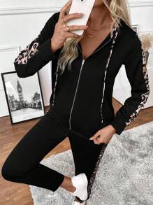 EMERY ROSE 2pcs Women Solid & Leopard Print Hoodie & Pants Outfit Fall Cloth For Women - Black - View 3