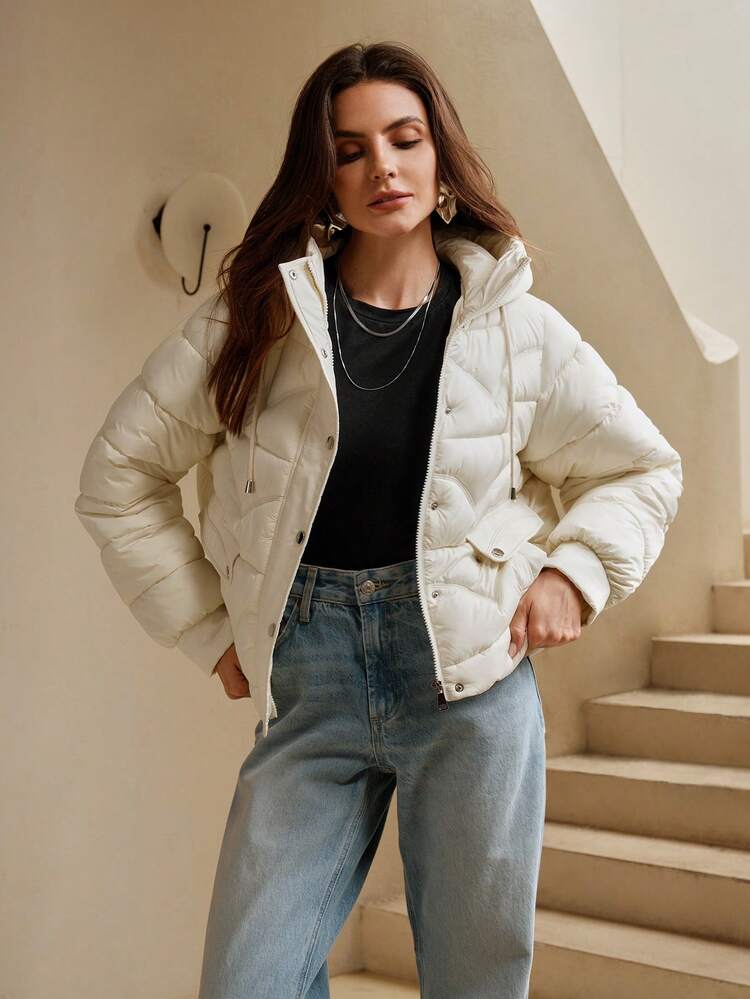 여성용 후드 단짧은 자수 아이보리 재킷