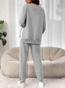 SHEIN 2 Pcs Maternity Casual Contrast Color Patchwork Long Sleeve Sweatshirt, And Pants Set - Light Grey - View 2
