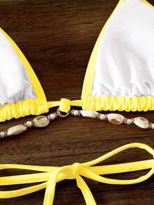 SHEIN Swim 女士纯色露背系带比基尼上衣，休闲度假夏季 - 黃色 - 查看 6