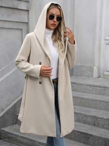 SHEIN Clasi 女士常规休闲办公室时尚商务腰带连帽长袖常规羊毛外套保暖 - 杏色 - 查看 5