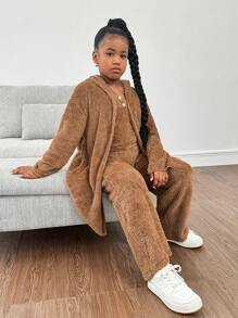3 件套 Tween 女童休闲保暖双面羊毛连帽夹克、背心和阔腿裤套装 - 棕色 - 查看 3