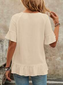 EMERY ROSE Camisa casual holgada para mujer de verano con cuello redondo, dobladillo con volantes y unicolor - Albaricoque - Ver 2