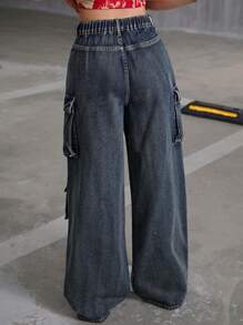 SHEIN Quần jeans ống rộng rách rưới phong cách Y2K dành cho nữ tuổi teen, thích hợp cho mùa thu đi học và phong cách đường phố Halloween. - Rửa tối - Xem 2