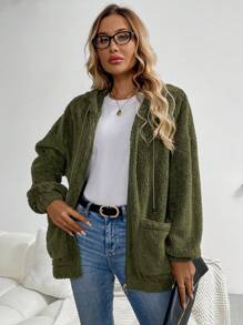 SHEIN LUNE Chaqueta con cremallera con capucha de forro polar verde del ejército para mujer, cálida y cómoda - Verde militar - Ver 5