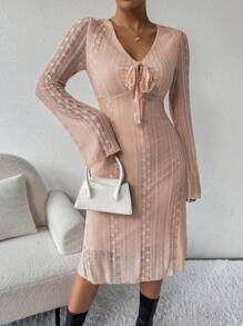 Chiquease Damen Kleid mit V-Ausschnitt, Langarm, Taillenbindung, schlank, elegant, chic - Aprikosenfarben - Übersicht 5
