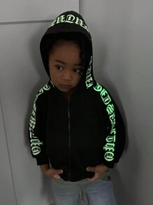 Young Girl Casual Letter Graphic Zip Up Raglan Sleeve Sweatshirt - Black - View 1