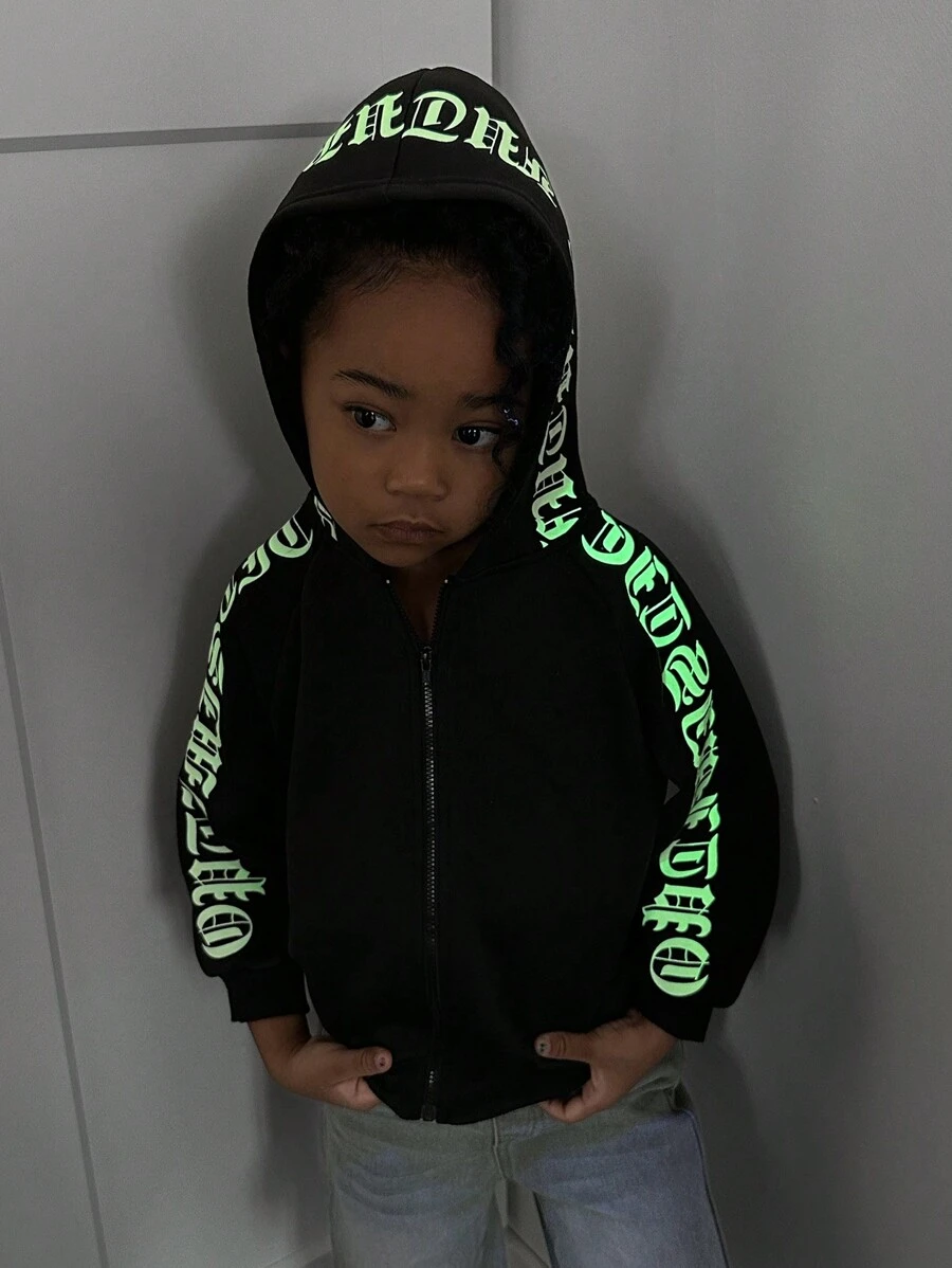 Young Girl Casual Letter Graphic Zip Up Raglan Sleeve Sweatshirt - Black - View 1