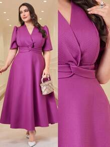 Modelyn 大码 V 领扭纹设计纯色泡泡袖连衣裙长款晚礼服