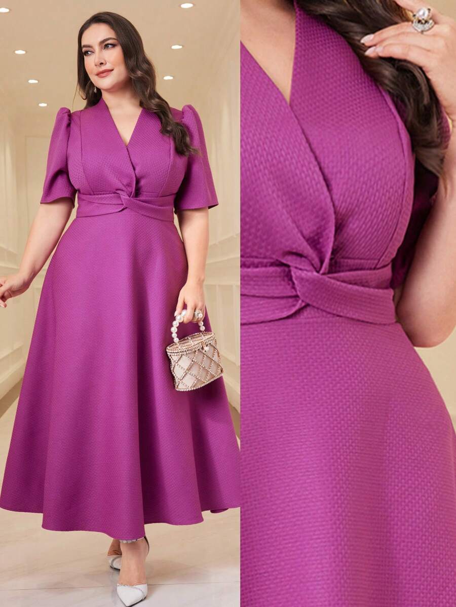 Modelyn 大码 V 领扭纹设计纯色泡泡袖连衣裙长款晚礼服