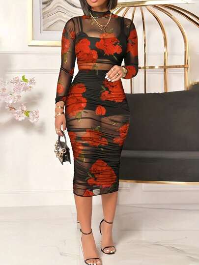 Auvina Plus Size Women's Floral Print Stand Collar Dress For New Year Clothes