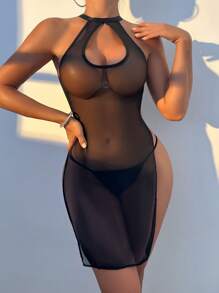 2pcs/Set Black Sexy Split Hem Nightgown - Black - View 1