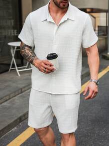 Manfinity Homme 大码 2 件装男士纯色短袖纽扣衬衫和短裤休闲西装，夏季 - 白色 - 查看 4