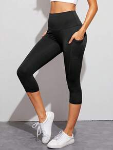 High Waist Workout Yoga Tight Capri Pants With Pocket, Stretchy Fitness Running Sports Capri Leggings, Women's Activewear - Black - View 1