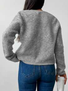 EURMUSE Button Front Fluffy Knit Cardigan - Grey - View 2