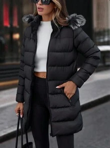 Faux Fur Hoodie Zip Up Pocket Detailed Warm Feel Long Winter Coat - Black - View 7