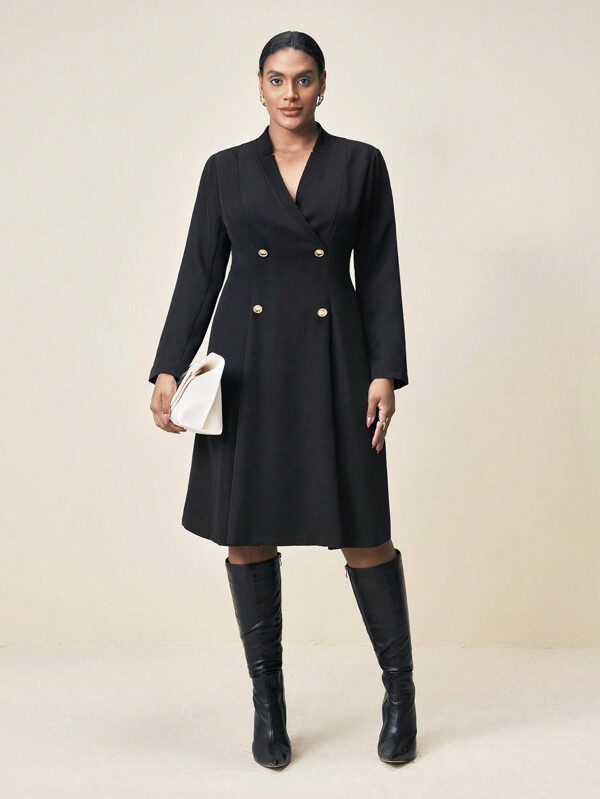 BizChic Plus Size Black Elegant Double-Breasted Knitted Dress Fall Women Outfits