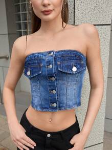 Forever 21 Strapless Top Tube Top Crop Top - Blue - View 1