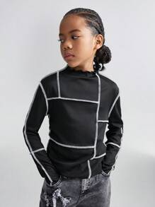 SHEIN Tween 女童秋冬日常穿着撞色滚边修身圆领黑色带袖上衣 - 黑色 - 查看 4