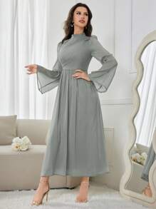 Modelyn Ladies Stand Collar Long Sleeve Pleated Elegant & Graceful Midi Dress Long Evening Dresses - Mint Green - View 3