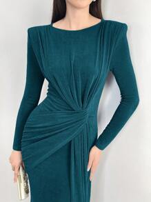 Modelyn 女士优雅纯色垫肩褶皱腰连衣裙，春秋长款晚礼服