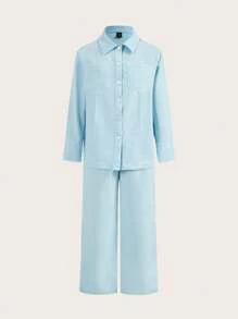 SHEIN LUNE 2 件套女士休闲撞色缝线长袖衬衫和阔腿裤套装，春季/秋季 - 薄荷綠 - 查看 11