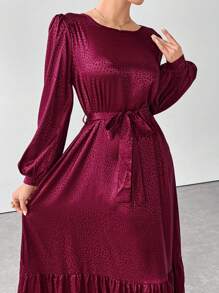 Al Najma Burgundy Red Women's Elegant Arabian Dress With Crew Neck, Lantern Sleeves And Ruffle Hem Modest Long Sleeve Elegant Style For Casual Daily/Work/Holiday/Evening Parties/Wedding Guest Arabian Dress - Burgundy - View 8