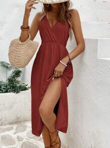 SHEIN Frenchy Vestido veraniego de mujer de unicolor con espalda descubierta, nudo de amarre, textura y tirantes con lazo