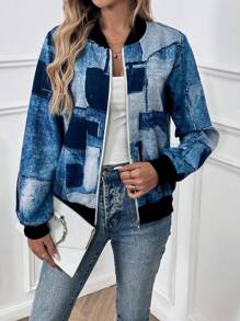 SHEIN LUNE 1pc Fashionable Denim Effect Printed Jacket, Autumn/Spring Fall Cloth For Women - Multicolor - View 5