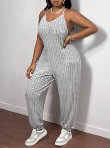 Slaydiva Plus Size Casual Camouflage Pocket Cami Jumpsuit - Green - View 3