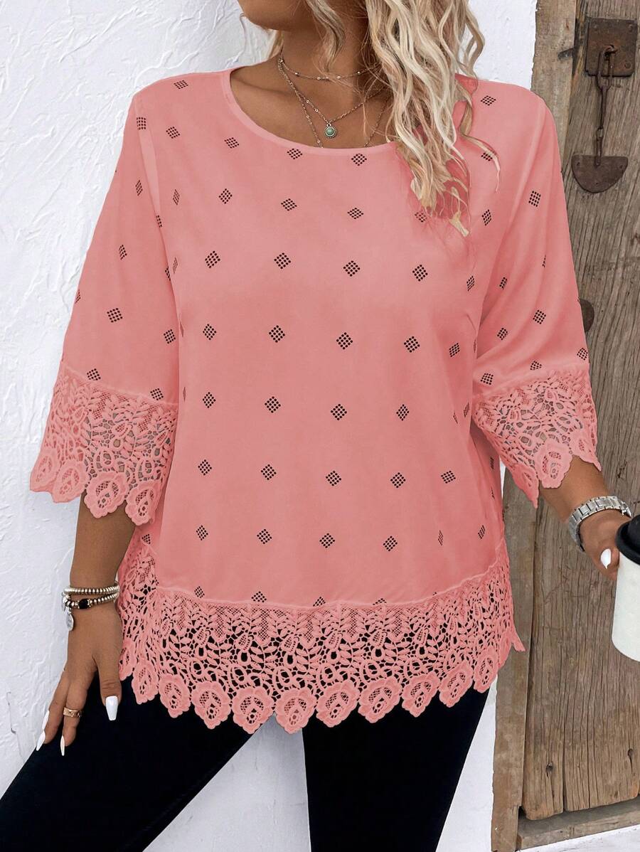 Plus Size Round Neck Mid-Length Sleeve Floral Lace Contrast Casual Blouse - Dusty Pink - View 1