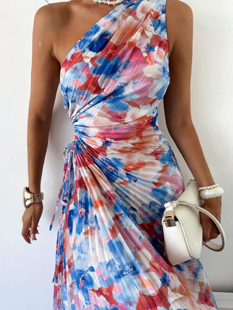 Firerie 夏季女士优雅度假海滩花卉印花单肩褶皱镂空抽绳中长连衣裙