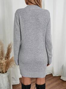 EMERY ROSE Women's Solid Color Stand Collar Long Sleeve Casual Knit Sweater Dress, Fall/Winter - Grey - View 2
