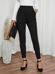 EMERY ROSE Women's Black Striped Pocket Skinny Casual Pants Dress Pants Fall Pants