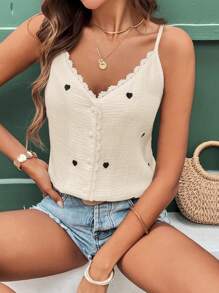 SHEIN Frenchy 女士秋季撞色蕾丝心形刺绣休闲吊带背心、美国背心、返校服装、教师服装、复古款、简约 - 杏色 - 查看 5