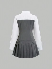 Sweetra 女式春夏拼色长袖褶边休闲连衣裙 - 灰色 - 查看 2