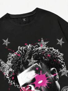 Manfinity ZONE917 男士宽松街头风复古高街黑白嘻哈人像粉色涂鸦墨点星星图案黑色针织复古短袖T恤，适合说唱歌手，适合外出