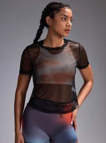 Powerista 1 pieza Camiseta deportiva de mujer de cuello redondo, manga corta, unicolor, de malla para gimnasio