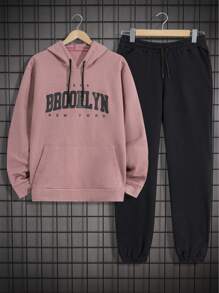 RueChic Cotton Men Letter Printed Regular Hoodie Set - Pink - View 1