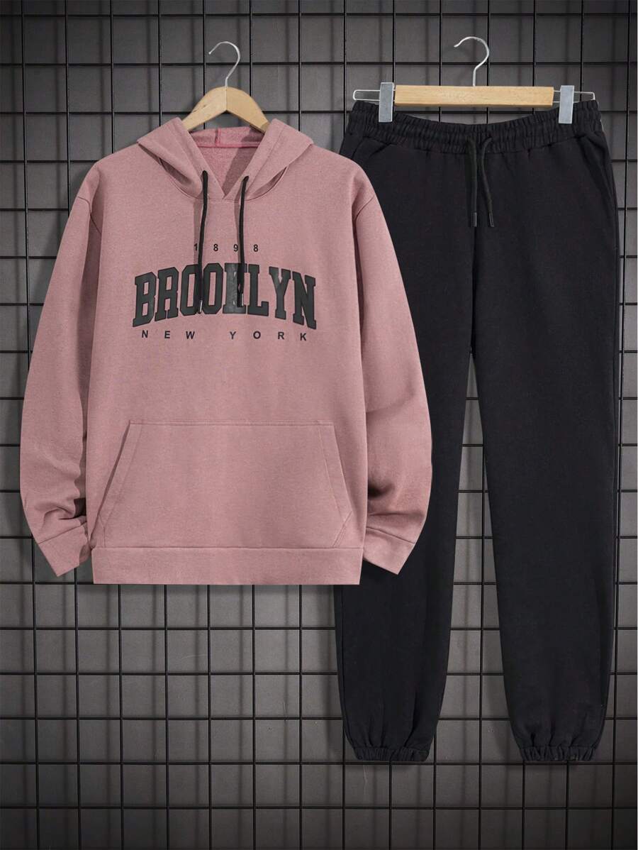 RueChic Cotton Men Letter Printed Regular Hoodie Set - Pink - View 1