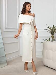 Modelyn Women's Asymmetric Neckline Cold Shoulder Chain Strap Stylish & Elegant Dress,White Dress