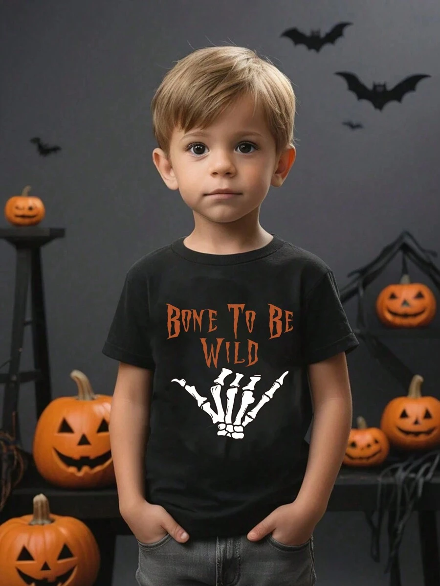 Young Boy Casual Halloween Pumpkin Mummy Dinosaur Skeleton Print Basic Tee, Summer - Black - View 1