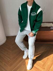 Manfinity Hypemode Men's Button-Up Long Sleeve Color Block Striped Letter Print Street Style Jacket