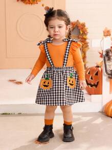 SHEIN Baby Mädchen Kürbis Karomuster Träger Kleid Outfit, geeignet für Halloween Party