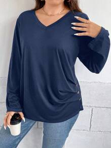 SHEIN Clasi 大码 V 领长袖纽扣休闲 T 恤