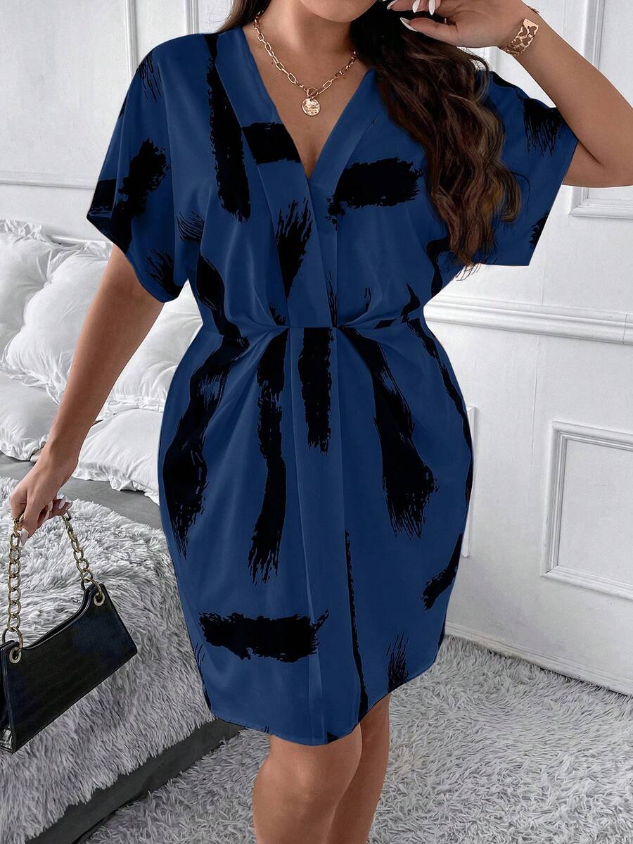 SHEIN Clasi Đầm thường ngày tay cánh dơi cổ chữ V in họa tiết cọ vẽ cỡ lớn cho nữ mùa thu - Màu xanh hải quân - Xem 1