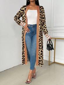 SHEIN Clasi 女士豹纹拼布长袖休闲开衫 - 卡其色 - 查看 3